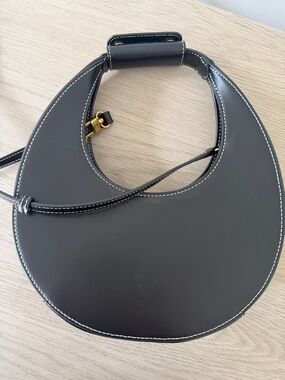 STAUD Black Leather Tote with White Stitching and Gold Hardware